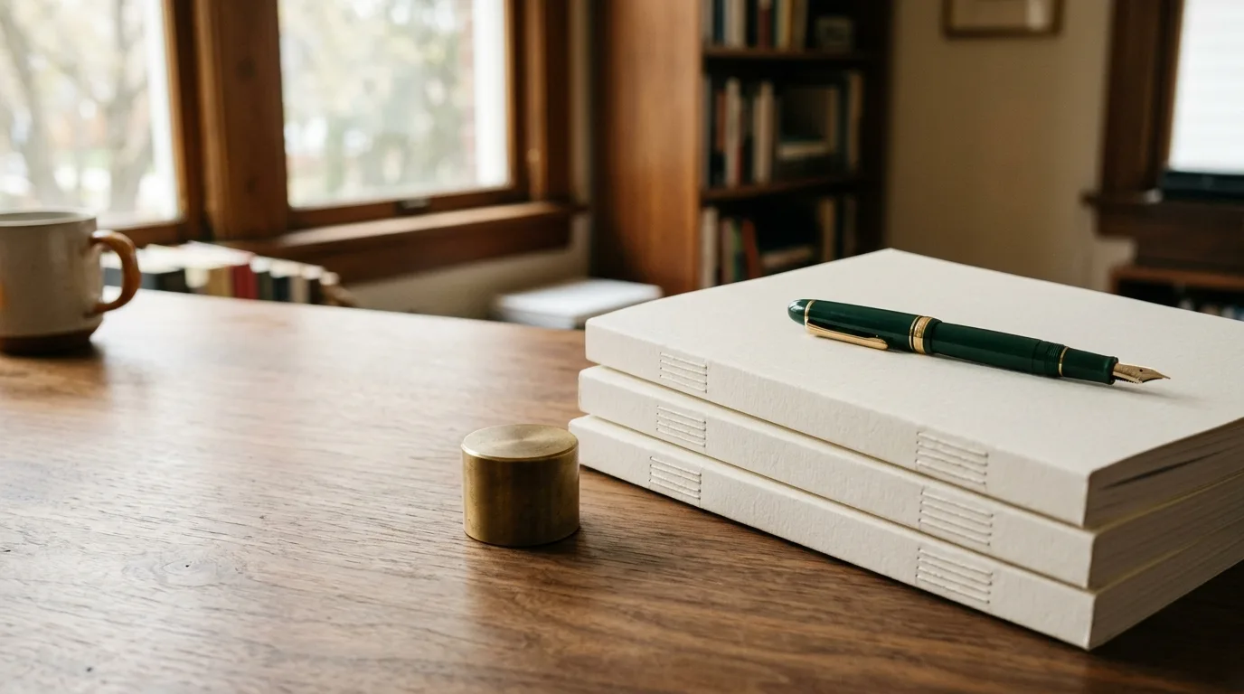 A stack of bound cream reports on a walnut desk with a green fountain pen resting on top