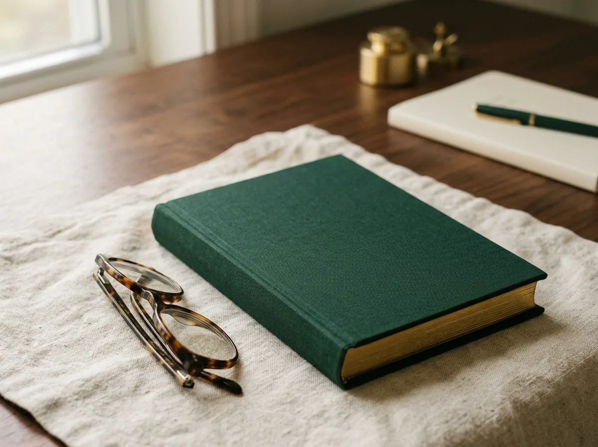 A closed deep green cloth ledger with gilded page edges resting on cream linen