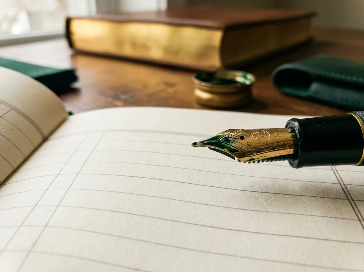 Macro photograph of a fountain pen nib with deep green ink above ruled cream paper
